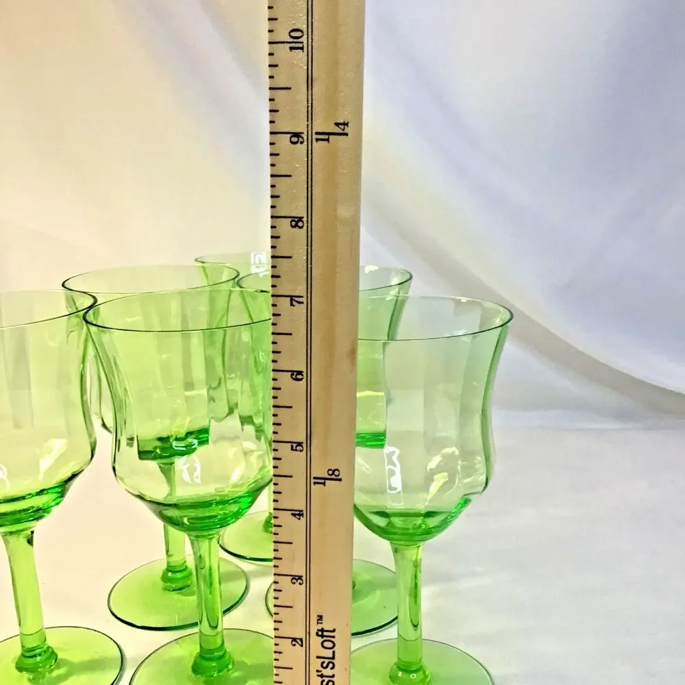 Vintage Green Optic-Panel Stem Goblet  Glasses Set Of 6